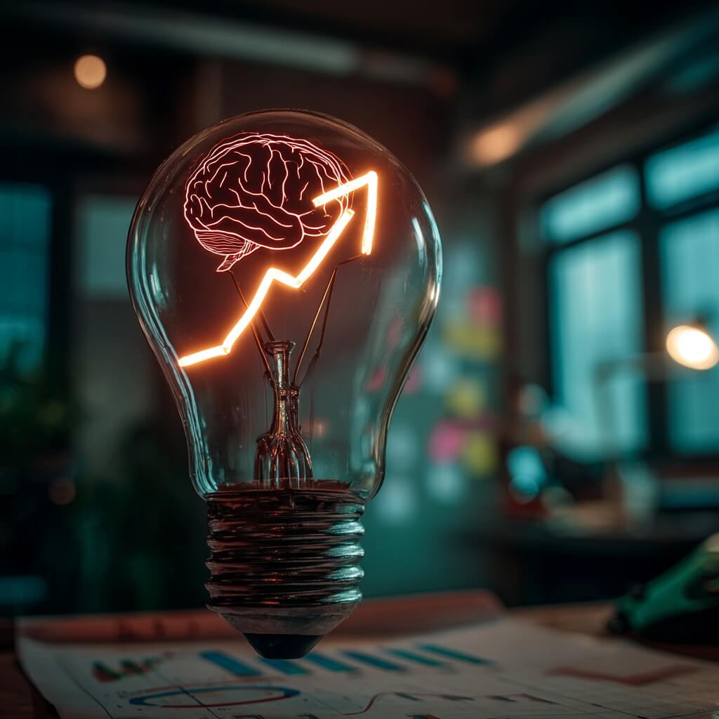Light bulb with brain and growth arrow